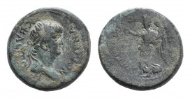 Nero (54-68). Ionia, Smyrna. Æ (16mm, 4.06g, 6h). AD 62-65. Laureate head r. R/ Poppaea, as Nike, standing l., holding wreath. RPC I 2486; Klose 27. G...