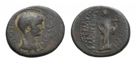 Nero (54-68). Lydia, Blaundus. Æ (22mm, 4.77g, 12h). Tiberius Claudius Calligenes, magistrate, c. AD 55. Bareheaded and draped bust r. R/ Apollo stand...