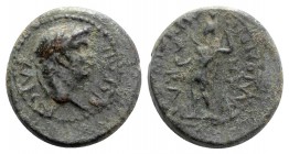 Nero (54-68). Lydia, Maeonia. Æ (16mm, 3.48g, 12h). Menekrates, magistrate. Laureate head r. R/ Men standing l., holding pine-cone and sceptre. RPC I ...