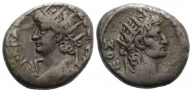 Nero with Divus Augustus (54-68). Egypt, Alexandria. BI Tetradrachm (24mm, 12.82g, 12h), year 13 (66/7). Radiate bust l., wearing aegis. R/ Radiate he...