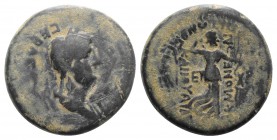 Poppaea (Augusta, 62-65). Phrygia, Acmoneia. Æ (16mm, 2.83g, 12h). Lucius Servenius Capito, archon, with his wife Julia Severa, c. AD 62. Draped bust ...