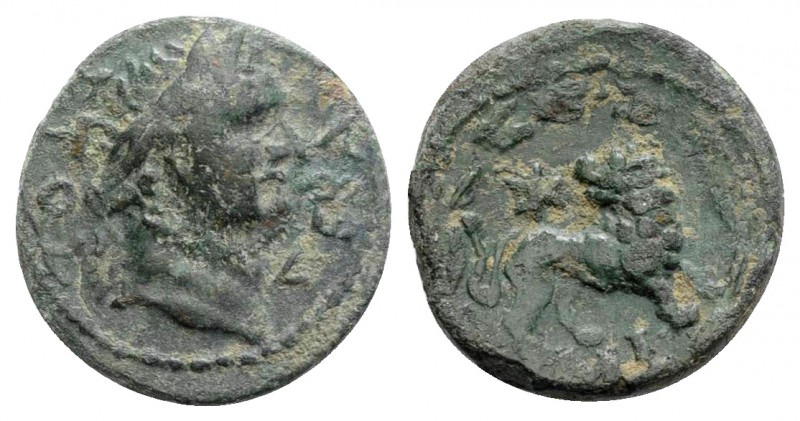 Domitian (81-96). Ionia, Miletus. Æ (15mm, 2.49g, 5h). Laureate head r. R/ Lion ...
