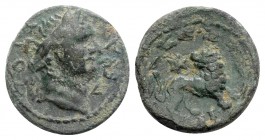 Domitian (81-96). Ionia, Miletus. Æ (15mm, 2.49g, 5h). Laureate head r. R/ Lion standing r., head l.; star above; all within wreath. RPC II 1150; BMC ...