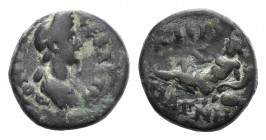 Domitia (Augusta, 82-96). Ionia, Magnesia ad Sipylum. Æ (14mm, 2.93g, 12h). Draped bust r. R/ River-god Sipylos reclining l. on overturned amphora, ho...