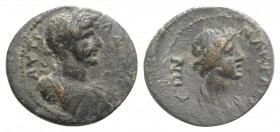 Hadrian (117-138). Lydia, Nacrasa. Æ (15mm, 1.50g, 12h). Laureate, draped and cuirassed bust of Hadrian r. R/ Draped bust of Demos r. RPC III 1804; BM...