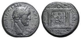 Antoninus Pius (138-161). Caria, Antioch ad Maeandrum. Æ (33mm, 27.73g, 6h). Laureate head r.; c/m: male head r. within incuse punch. R/ Tetrastyle te...