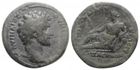 Marcus Aurelius (Caesar, 139-161). Caria, Harpasa. Æ (23mm, 6.17g, 12h). Candidus Celsus, magistrate. Bare head r. R/ River-god Harpasos reclining l.,...