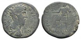 Lucius Verus (161-169). Lydia, Tralles. Æ (36mm, 21.48g, 6h). Euarestos, grammateus. Laureate, draped and cuirassed bust r. R/ Zeus seated l., holding...