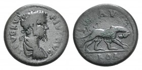Septimius Severus (193-211). Troas, Alexandria. Æ (25mm, 9.52g, 12h). Laureate, draped and cuirassed bust r. R/ She-wolf standing r., suckling the twi...