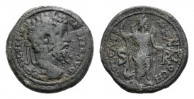 Septimius Severus (193-211). Pisidia, Antioch. Æ (34mm, 24.68g, 6h). Laureate head r. R/ Mên standing r., with foot on bucranium and leaning upon colu...