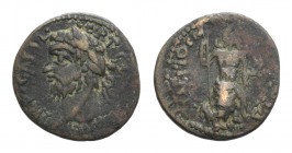 Septimius Severus (193-211). Pisidia, Antioch. Æ (22.5mm, 5.40g, 6h). Laureate head l. R/ Mên standing l., l. foot on [bucranium] holding sceptre and ...