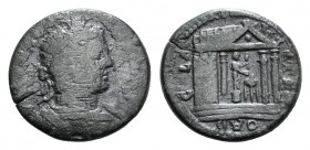Caracalla (198-217). Troas, Alexandria. Æ (23mm, 6.94g, 6h). Laureate and cuirassed bust r. R/ Perspective view of tetrastyle temple, containing statu...