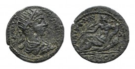 Caracalla (198-217). Lydia, Saitta. Æ (21mm, 5.42g, 6h). AV K M AVP ANTΩNEINOC, Radiate, draped and cuirassed bust r. R/ CAITTHNΩN EPMOC, River-god He...