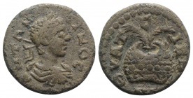 Caracalla (197-217). Lydia, Thyateira. Æ (19mm, 3.16g, 12h). Laureate, draped and cuirassed bust r. R/ Prize urn containing two palm branches. SNG Mun...