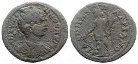 Caracalla (198-217). Phrygia, Philomelium. Æ (23mm, 5.45g, 6h). Laureate, draped and cuirassed bust r. R/ Tyche standing l., holding rudder and cornuc...