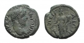 Caracalla (198-217). Pamphylia, Perge. Æ (17mm, 5.35g, 12h). Laureate head r. R/ Tyche standing l., holding rudder and cornucopia. SNG BnF 436. Green ...