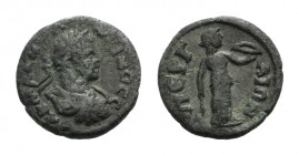 Caracalla (198-217). Pamphylia, Perge. Æ (16mm, 2.95g, 12h). Laureate, draped and cuirassed bust r. R/ Artemis standing r., holding bow and arrow. SNG...