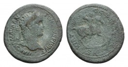 Caracalla (198-217). Pisidia, Antioch. Æ (36mm, 24.58g, 6h). Laureate head r. R/ Emperor on horseback r., spearing fallen enemy. SNG BnF 1138. Green p...