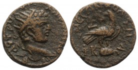 Caracalla (198-217). Seleucis and Pieria, Emesa. Æ (21mm, 7.48g, 12h), year 527 (215/6). Radiate head r. R/ Eagle, holding wreath in beak, standing r....