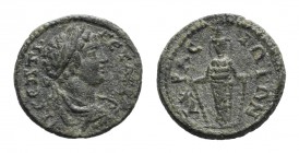 Geta (Caesar, 198-209). Lydia, Acrasus. Æ (20mm, 3.87g, 12h). Laureate, draped and cuirassed bust r. R/ Facing statue of Artemis Ephesia, with support...