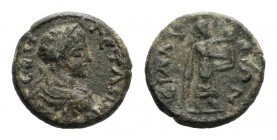 Geta (Caesar, 198-209). Pamphylia, Sillyum. Æ (17mm, 4.30g, 6h). Laureate, draped and cuirassed bust r. R/ Apollo advancing r., playing lyre. SNG BnF ...