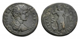 Geta (Caesar, 198-209). Pisidia, Antioch. Æ (32mm, 24.07g, 6h). Laureate, draped and cuirassed bust r. R/ Mên standing facing, l. foot on bucranium, l...