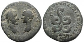 Macrinus and Diadumenian (217-218). Moesia Inferior, Marcianopolis. Æ Pentassarion (27mm, 11.32g, 12h). Pontianus, legatus consularis. Laureate head o...