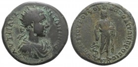Elagabalus (218-222). Moesia Inferior, Nicopolis ad Istrum. Æ (27mm, 11.43g, 1h). Radiate, draped and cuirassed bust r. R/ Asklepios standing facing, ...