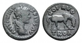 Elagabalus (218-222). Troas, Alexandria. Æ (22mm, 6.22g, 6h). ANTONINVS PIVS AV, Laureate, draped and cuirassed bust r. R/ COL AVG TROA, Horse grazing...