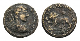Elagabalus (218-222). Lydia, Sardis. Æ (24mm, 6.84g, 6h). Laureate, draped and cuirassed bust r. R/ Lion advancing l., raising paw; fly before, star a...