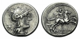Q. Philippus, Rome, 129 BC. AR Denarius (18mm, 3.89g, 12h). Head of Roma r., wearing winged helmet, triple-drop earring, and pearl necklace. R/ Macedo...