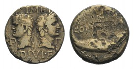 Augustus and Agrippa (27 BC-AD 14). Gaul, Nemausus. Æ As (26mm, 12.93g, 11h), AD 10-4. Heads of Agrippa, wearing combined rostral crown and laurel wre...