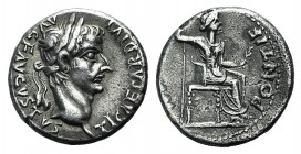 Tiberius (14-37). AR Denarius (17mm, 3.78g, 9h). “Tribute Penny” type, Lugdunum, 36-7. Laureate head r. R/ Livia (as Pax) seated r., holding sceptre a...