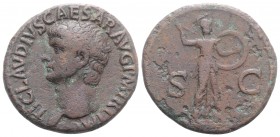 Claudius (41-54). Æ As (28mm, 11.05g, 6h). Rome. Bare head l. R/ Minerva, wearing aegis, advancing r., brandishing spear with r. hand and holding roun...