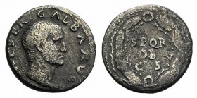 Galba (68-69). AR Denarius, (16mm, 3.01g, 6h). Rome, 68-9. Bare head r. R/ S P Q R / OB / C S, in oak wreath. RIC I 167; RSC 287. Good Fine