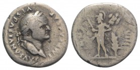 Vespasian (69-79). AR Denarius (17mm, 2.89g, 6h). Rome, 77-8. Laureate head r. R/ Mars standing l., holding spear and trophy; corn-ear to lower r. RIC...