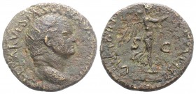 Vespasian (69-79). Æ Dupondius (28mm, 10.33g, 6h). Lugdunum, AD 72. Radiate head r., globe at point of neck. R Victory standing r. on prow, holding pa...