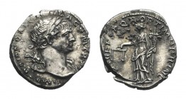 Trajan (98-117). AR Denarius (18mm, 3.46g, 6h). Rome, 103-111. Laureate bust r., drapery on l. shoulder. R/ Aequitas standing l., holding scales and c...