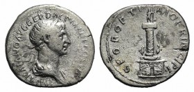 Trajan (98-117). AR Denarius (20mm, 2.66g, 6h). Rome, 113-4. Laureate and draped bust of Trajan r. R/ Trajan's Column, surmounted by statue of Trajan ...
