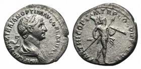 Trajan (98-117). AR Denarius (17mm, 2.95g, 6h). Rome, 114-7. Laureate and draped bust r. R/ Mars advancing r., holding spear and trophy. RIC II 331; R...
