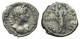 Hadrian (117-138). AR Denarius (18mm, 2.86g, 6h). Rome, AD 118. Laureate bust r., with drapery on far shoulder. R/ Aeternitas standing l., holding hea...