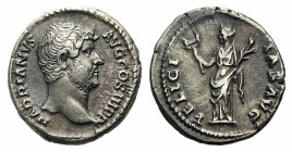 Hadrian (117-138). AR Denarius (17mm, 3.30g, 6h). Rome, c. 134-8. Bare head r. R/ Felicitas standing l., holding caduceus and cornucopia. RIC II 233; ...