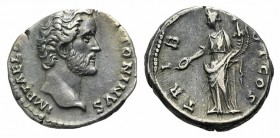 Antoninus Pius (Caesar, 138-161). AR Denarius (16mm, 3.43g, 6h). Rome, AD 138. Bare head r. R/ Concordia standing l., holding patera and double cornuc...