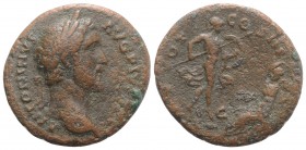 Antoninus Pius (138-161). Æ As (27mm, 8.54g, 12h). Rome, c. AD 140. Laureate head r. R/ Mars r., holding spear and shield, descending through the air ...