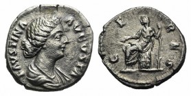 Faustina Junior (Augusta, 147-176). AR Denarius (18mm, 3.14g, 7h). Rome, 147-176. Draped bust r. R/ Ceres, veiled, seated l. on cista, holding corn-ea...