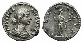 Faustina Junior (Augusta, 147-175). AR Denarius (17mm, 3.43g, 12h). Rome, after 147. Draped bust r. R/ Fecunditas standing r., holding sceptre and inf...