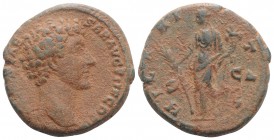Marcus Aurelius (Caesar, 139-161). Æ As (26mm, 12.56g, 12h). Rome, AD 145. Bare head r. R/ Hilaritas standing facing, head l., holding palm frond and ...