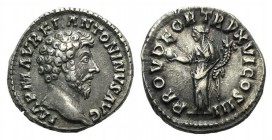 Marcus Aurelius (161-180). AR Denarius (16mm, 3.44g, 5h). Rome, AD 162. Laureate head r. R/ Providentia standing facing, head l., holding globe and co...
