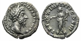 Marcus Aurelius (161-180). AR Denarius (18mm, 3.27g, 12h). Rome, AD 166. Laureate head r. R/ Pax standing l., holding branch in her r. hand and cornuc...