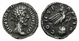 Divus Marcus Aurelius (died 180). AR Denarius (17mm, 2.46g, 6h). Rome, AD 180. Bare head r. R/ Eagle standing r. on globe, head l. RIC III 273 (Commod...
